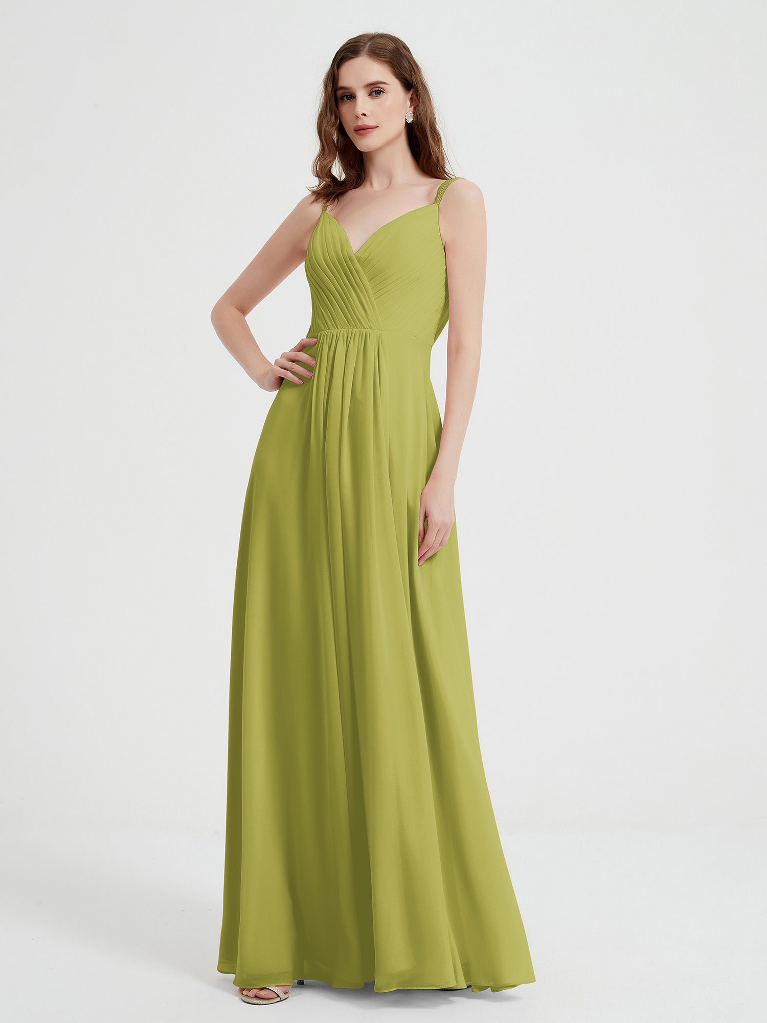 V-neck Chiffon Dresses with Beaded Straps-Clover